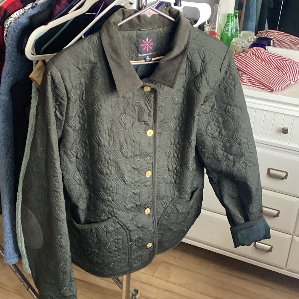 Isaac Mizrahi Olive Quilted Jacket with Gold Accents